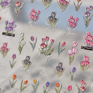 Autocollants 3D pour ongles avec motifs de tulipes et fleurs colorées pour manucure