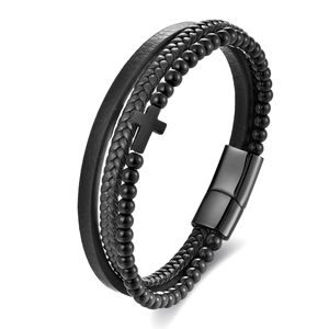Men's multilayer black leather bracelet with cross pendant and magnetic metal clasp