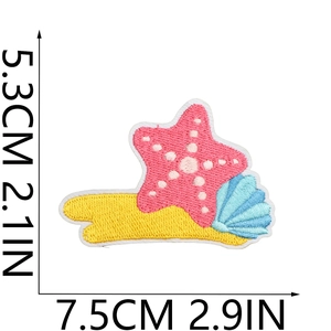 Size chart for ocean theme embroidery patch with pink starfish and blue seashell details