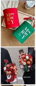 Detail of red and green Christmas flower boxes with festive gold Merry lettering