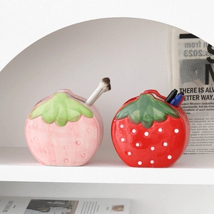 Creative strawberry ceramic pencil holders in pink and red for desk and vanity storage