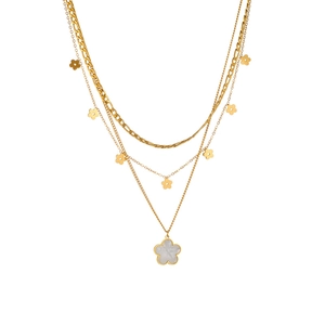 Collana a tre strati in acciaio inossidabile dorato con pendenti a fiore in madreperla
