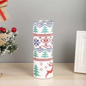 Detailed view of a 20oz Christmas themed stainless steel tumbler with festive patterns