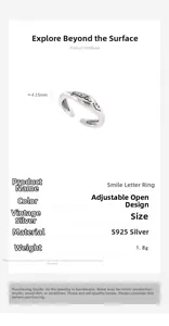 Detail showing S925 sterling silver smile ring width 4.15mm and weight 1.8g specifications