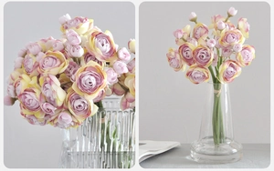 Close-up of pink ranunculus bouquet in a glass vase with soft natural lighting decor