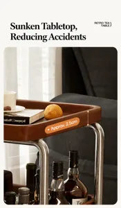 Detail der 2,5 cm vertieften Tischkante an einem Retro-Edelstahl-Rollwagen für das Wohnzimmer