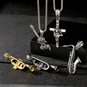 Musical Instrument Pendant Necklace Stainless Steel Trumpet Saxophone Guitar Skull Gothic Punk Rock Retro For Men