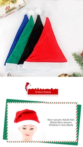 Detail showing non-woven Christmas hats in four colors for adults and children