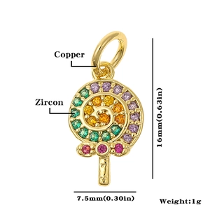 Macro detail of copper spiral charm with colorful zircon inlay and size dimensions