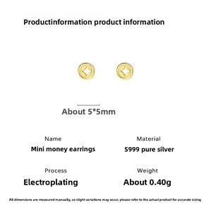 Detailed specs of S999 silver mini coin earrings showing 5x5mm size and 0.40g weight