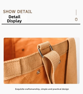 Detail of durable washable kraft paper bag with canvas handles and metal rivet reinforcement