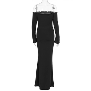 Detailed view of black off-shoulder maxi dress with long sleeves and slim fit design