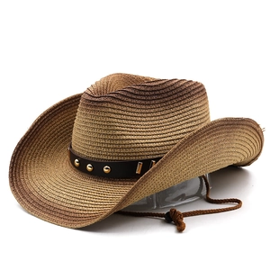 Unisex western cowboy straw hat with gradient brown weave and studded leather band
