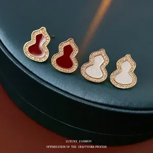 Gourd Wu Lou Ohrstecker Mit 925 Silber Ohrstecker Kupfer Zirkon Emaille Rot Neu Chinesisch Vintage Damen