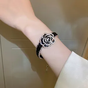 Camellia Flower Bracelet Copper Rhinestone Artificial Crystal Elegant Black Faceted Beads Adjustable Jewelry For Women