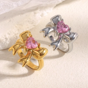 Elegant 18K gold plated stainless steel bow ring with a pink heart zircon stone