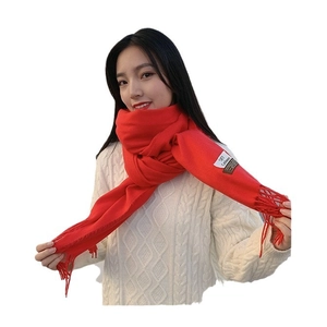 Asian model wearing a thick red cashmere scarf with white SKY label on white background