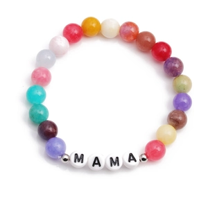 Colorful natural stone beaded bracelet with MAMA letter charms on a clean white background