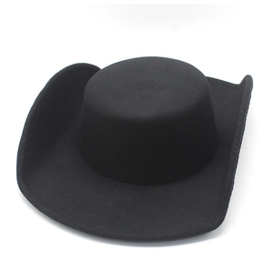Classic black flat top wool felt fedora hat with a wide curved brim for women