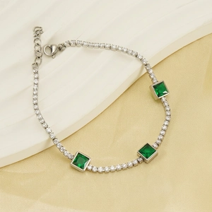 Minimalist titanium steel bracelet featuring square green zircon and full diamond stones