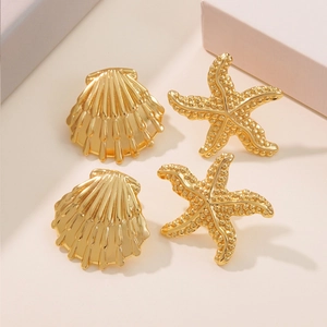 Starfish Shell Marine Life Stud Earrings Stainless Steel Waterproof Hypoallergenic Beach Vacation Fashion Jewelry For Women