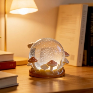 Close-up of glowing mushroom crystal ball night light with warm LED sequins and base