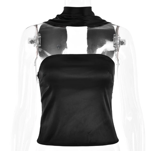 Elegante zwarte satijnen haltertop met glanzende afwerking voor damesmode