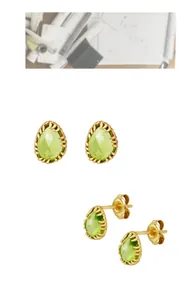 Detail of 14k gold plated silver stud earrings with pear-cut olive green gemstones