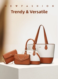 Detail of a four-piece brown and beige PU leather handbag set with gold hardware