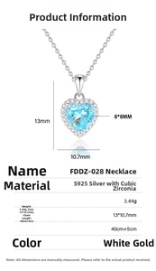 Detailed view of S925 silver heart necklace with 8x8mm radiant cut blue zirconia pendant