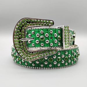 Green faux-crocodile leather belt with rhinestone buckle and punk style silver rivets