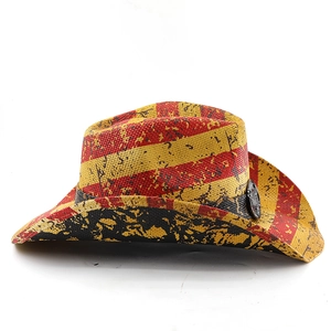 Detailed macro view of woven straw texture and vintage metal emblem on cowboy hat