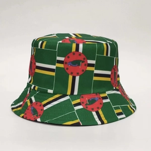 Close-up of Dominica flag print bucket hat in vibrant green with high-quality stitching