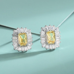 Elegant S925 silver stud earrings featuring rectangular yellow diamonds and zircon accents
