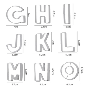 Detailed view of 9 stainless steel alphabet cookie cutters with precise measurements