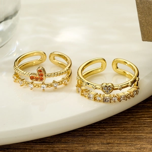 Elegant gold double layer adjustable ring with heart-shaped orange and white zircons