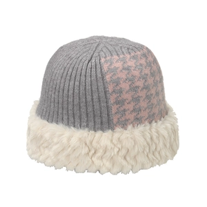Winter houndstooth knit bucket hat with warm white faux fur brim for women in pink and grey