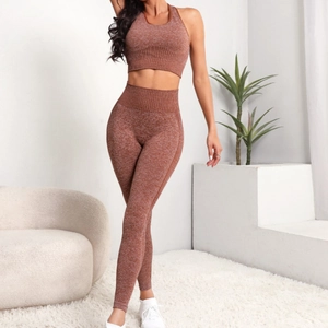Damen Nahtloses Yoga-Set Gerippt Meliert Workout-Outfits Hohe Taille Leggings Und Sport-BH Top And Bottom Gym Wear