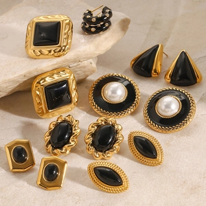 French vintage gold plated earrings set with black enamel and pearls for women