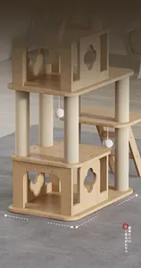 Detail view of multi-level wood cat tree featuring 40x60cm base and sisal scratching posts