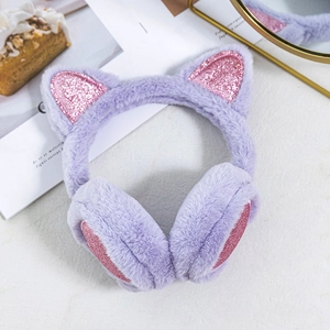 Detailed view of soft purple plush cat ear muffs featuring shiny pink sequins decor