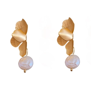 Elegant gold flower earrings with freshwater pearl drops and metallic brushed texture