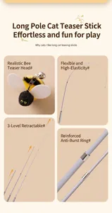 Detail of retractable cat wand featuring a plush bee toy with wings and a small bell