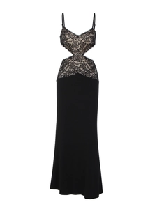 Robe longue noire élégante en dentelle patchwork avec découpe à la taille et col V