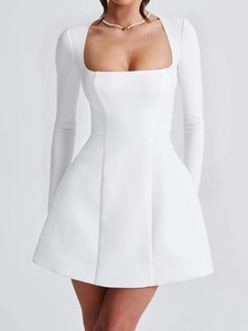 Detail of elegant white square neck long sleeve A-line mini dress for women party wear