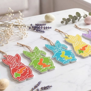 Flat lay of colorful Easter gnome rabbit wooden pendants on white marble surface
