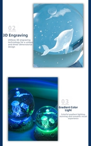 Detail of 3D laser-engraved dolphin crystal ball with color-changing LED base