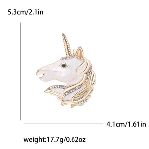 White enamel unicorn brooch with gold trim and rainbow rhinestones including dimensions