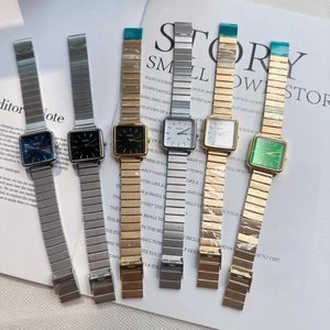 Detailed collection of square quartz watches with various dial colors and steel mesh bands