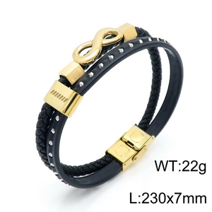 Detail view of woven black leather bracelet with infinity symbol and steel clasp